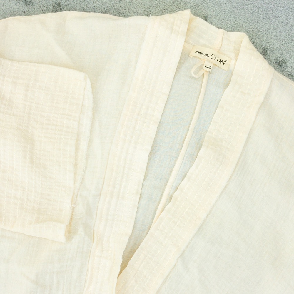 Johnny Was Calme Kimono Womens XS/S Cream Cotton Gauze Pocket Cover up Robe